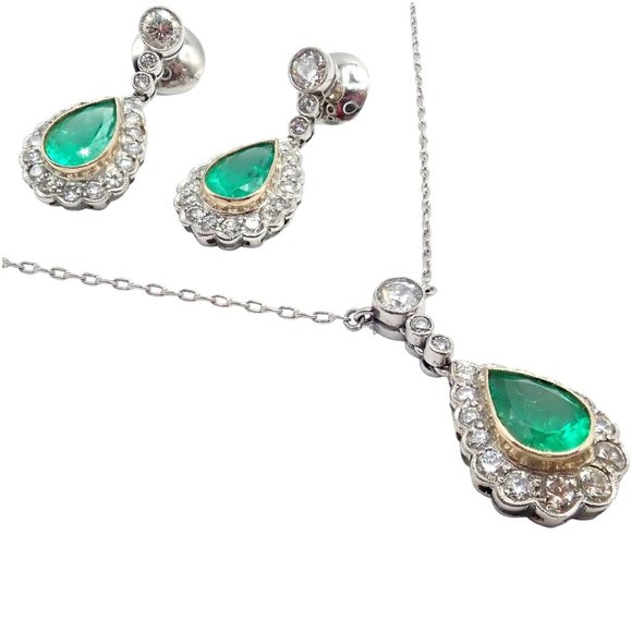 Vintage Estate Platinum Diamond Emerald Earrings Necklace Set - Picture 1 of 11